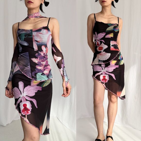 Jean Paul Gaultier fuzzi no tage 3 pieces mesh dress set spaghetti slip dress - Picture 5 of 12